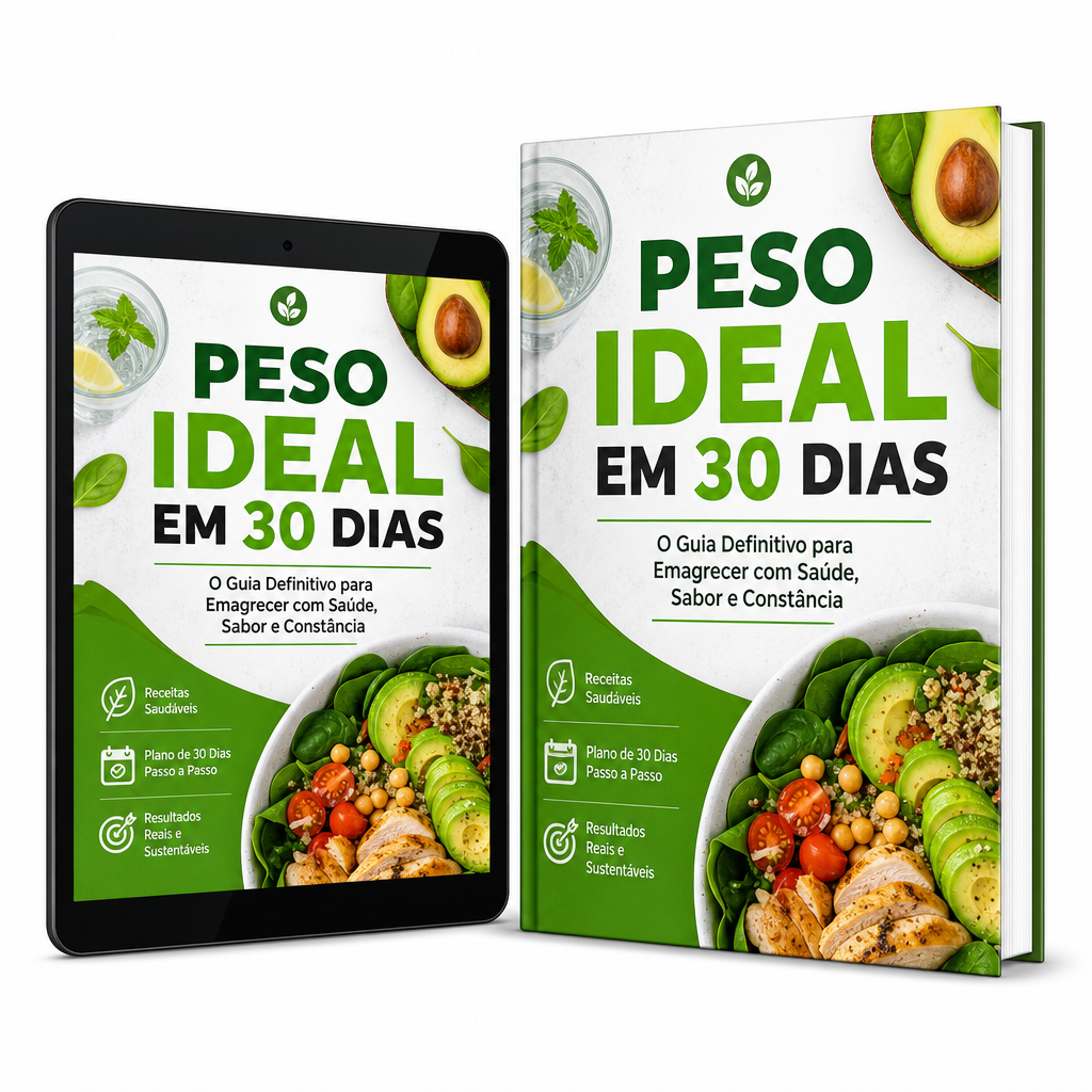 Mockup do e-book Peso Ideal em 30 Dias em tablet e capa impressa